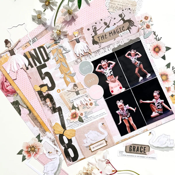 Scrapbook page with dancer photos, decorative elements, and text on a white background
