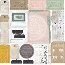 Collection of vintage-style labels, tickets, and decorative elements with text and graphics.