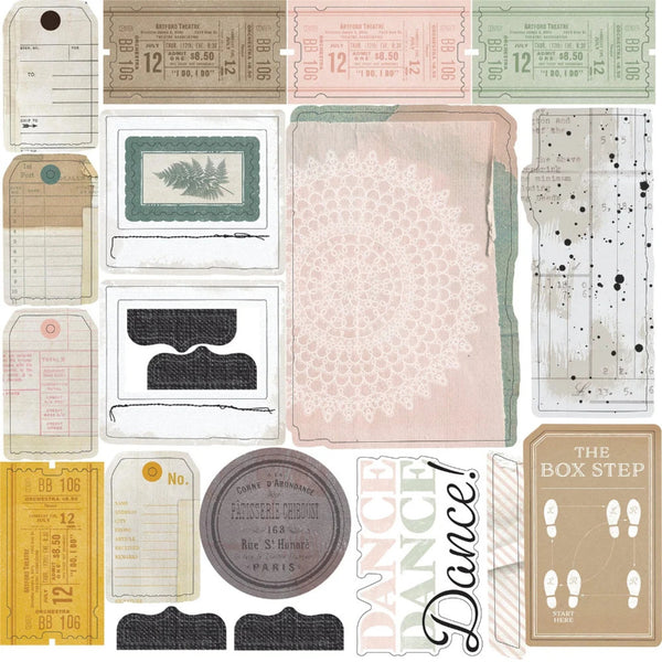 Collection of vintage-style labels, tickets, and decorative elements with text and graphics.