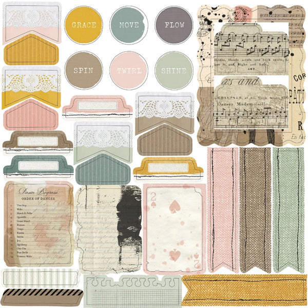Collection of vintage-style paper elements with text and decorative patterns.