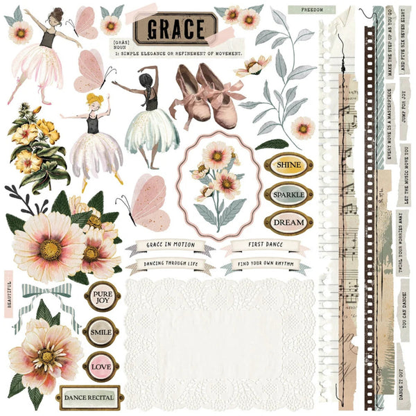 Collection of decorative elements including flowers, ballet dancers, and motivational phrases on a white background.