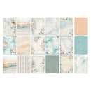 A grid of 15 square decorative paper or cardstock designs in soft pastel tones, featuring beach, ocean, floral, and neutral patterns on a white background.