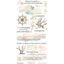 A sheet of decorative nautical-themed printed artwork with illustrated starfish, driftwood, a ship wheel, soft watercolor beach tones, and several lines of short poetry. The sheet appears to be the product itself rather than an auxiliary chart, so this fits Product/Packaging.