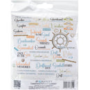 A packaged sheet of 49ml Market Coastal Soul Chipboard Assortment stickers featuring nautical-themed phrases and a ship's wheel design on a white background.