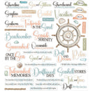 Collection of coastal-themed words and a ship's wheel on a white background