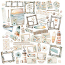 A collage of nautical-themed decorative paper elements and frame designs on a white background, including beach scenes, shells, starfish, lighthouses, driftwood frames, seashells, rope borders, and small maritime illustrations.