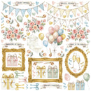 Collection of decorative elements for baby shower and bridal shower with flowers, balloons, and frames.