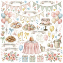 Collection of birthday, anniversary, and celebration-themed illustrations including balloons, cakes, and ribbons.