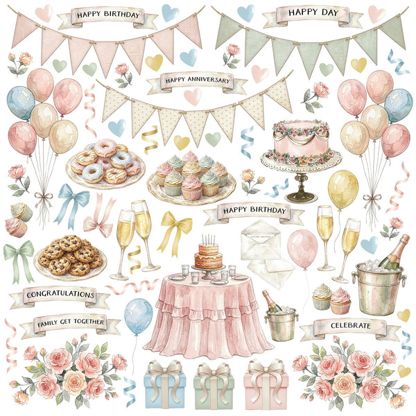 Collection of birthday, anniversary, and celebration-themed illustrations including balloons, cakes, and ribbons.