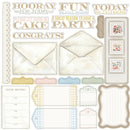 A sheet of cake party and invitation stationery stickers or decoupage templates, featuring watercolor-style envelopes, floral postage stamps, decorative labels, and celebratory text such as 'Hooray for Today,' 'Fun in Full Bloom,' and 'Congrats!'.