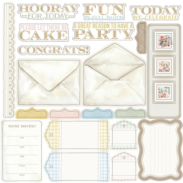 A sheet of cake party and invitation stationery stickers or decoupage templates, featuring watercolor-style envelopes, floral postage stamps, decorative labels, and celebratory text such as 'Hooray for Today,' 'Fun in Full Bloom,' and 'Congrats!'.