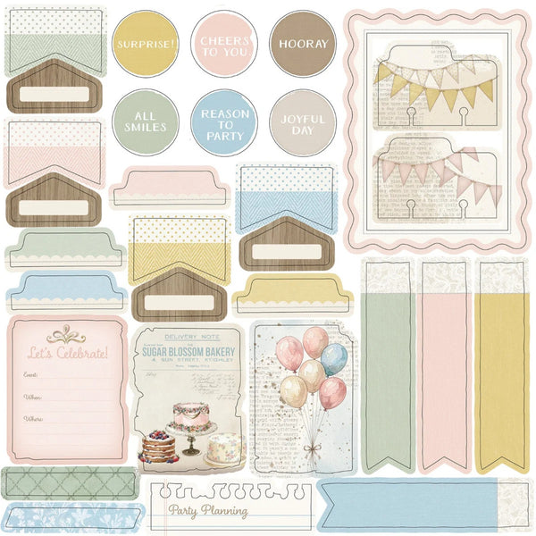 A sheet of party-themed decorative paper cutouts or stickers in soft pastel colors, including tags, banners, balloons, bunting, and invitation-style panels. The designs feature muted pink, blue, yellow, beige, and brown tones with text such as 'Surprise!', 'Cheers to You!', 'Reason to Party', and 'Party Planning'.