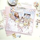 Decorative bridal shower scrapbook layout with photos, balloons, and celebratory elements.