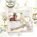 Decorative scrapbooking layout with a photo of a woman, flowers, and celebratory elements on a white background.