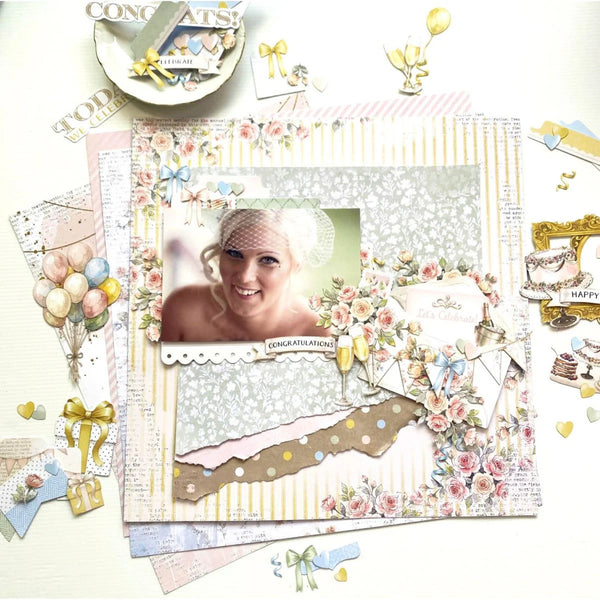 Decorative scrapbooking layout with a photo of a woman, flowers, and celebratory elements on a white background.