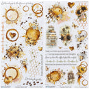 Decorative paper with coffee-themed designs, text, and illustrations on a white background.