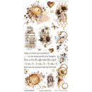 A sheet of decorative transfer designs featuring coffee-themed illustrations, including mugs, cups, flowers, butterflies, honeycomb patterns, and inspirational quote text on a white background.