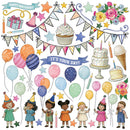 Illustrations of birthday elements including balloons, cakes, and children with a celebratory theme.