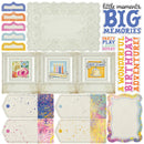 Collection of decorative elements for birthday celebrations including frames, tags, and text phrases.