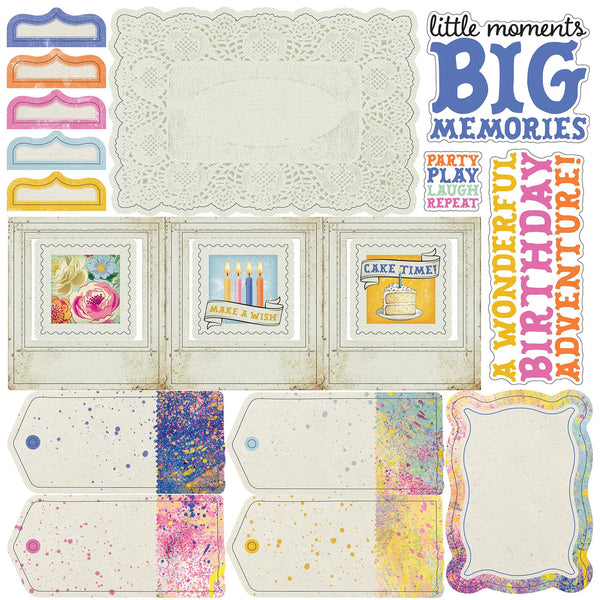 Collection of decorative elements for birthday celebrations including frames, tags, and text phrases.