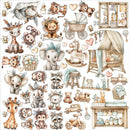 A sheet of watercolor-style nursery illustrations featuring woodland animals and baby-themed objects, including a giraffe, elephant, lion, monkey, rocking horse, crib, stroller, toy cars, baskets, hearts, and small decorative items on a white background.