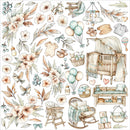 A coordinated nursery-themed clipart or sticker sheet featuring soft pastel illustrations of a crib, rocking chair, high chair, baby gear, flowers, birds, balloons, and baby blocks on a white background.