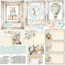 A baby shower scrapbook or card-making kit featuring watercolor-style illustrations of a baby rabbit, a hot air balloon, hearts, postcards, and cute animal scenes in soft pastel tones.