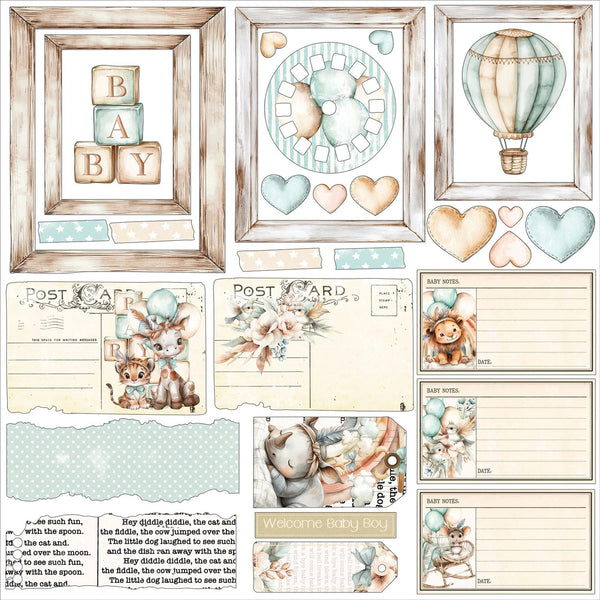 A baby shower scrapbook or card-making kit featuring watercolor-style illustrations of a baby rabbit, a hot air balloon, hearts, postcards, and cute animal scenes in soft pastel tones.