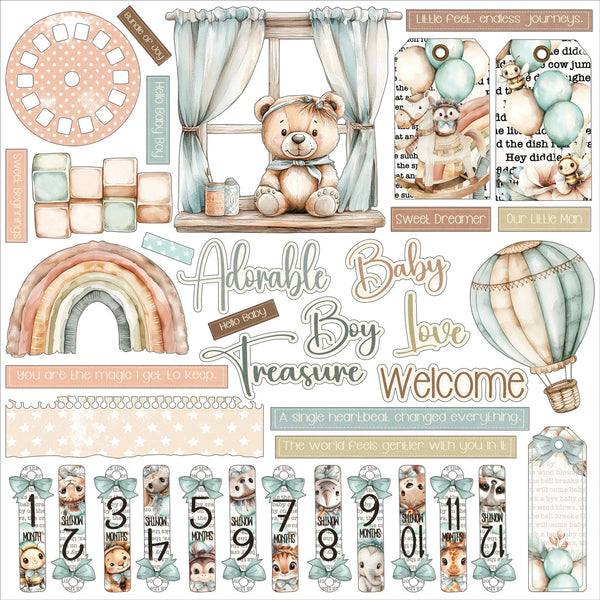 A baby-themed scrapbook or craft paper kit featuring watercolor illustrations of a teddy bear, a rainbow, a hot air balloon, a wheel, blocks, banners, and cute animal characters, with text such as 'Alorable Baby Treasure Welcome' and 'Love Little Ones Journey'.