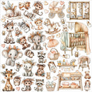 A sheet of watercolor-style nursery illustrations featuring baby animals, nursery furniture, and soft pastel accessories on a white background. The designs include elephants, giraffes, monkeys, a rocking horse, a crib, a changing table, baskets, hearts, and small teddy bears in muted peach, beige, brown, and pale blue tones.
