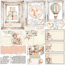 Collection of baby-themed illustrations and stationery designs with hearts, blocks, and animals.