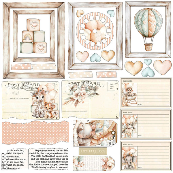 Collection of baby-themed illustrations and stationery designs with hearts, blocks, and animals.
