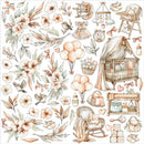 A watercolor-style nursery collection of illustrated baby items and floral motifs, including a crib, rocking chair, high chair, balloons, flowers, birds, bottles, baskets, and soft neutral tones on a white background.