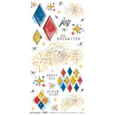 A sheet of watercolor-style sublimation transfer designs featuring fireworks, diamonds, stars, and text including 'joy', 'SO ENCHANTED', 'DREAM BIG', and 'PIXIE DUST' on a white background.