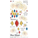 A sheet of clear vinyl or sublimation transfer decals featuring colorful watercolor-style fireworks, red and yellow diamonds, stars, and text phrases including 'HAPPY PLACE', 'SO MUCH FUN', 'BELIEVE', 'LET'S GO!', and 'nestal gia'.
