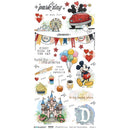 A sheet of clear vinyl sublimation transfers featuring Disney-themed 'Park Day' illustrations, including Mickey Mouse, a red car, balloons, a castle, and decorative text, shown on a white background.