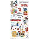 A sheet of Disney-themed rubber stamp transfers featuring Mickey and Minnie Mouse illustrations, teacups, balloons, stars, hearts, and decorative text such as 'core memory', 'happiest place on earth', and 'magic'.