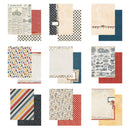 A 12-pack collection of scrapbooking paper sheets arranged in a grid, featuring various patterns including polka dots, stripes, florals, and vintage newspaper prints in red, blue, beige, and black.