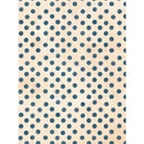 A square textile or wallpaper sample featuring a repeating pattern of dark navy blue polka dots on a warm beige background with a subtle grid texture.