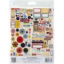A package of 47MM Market Mouse & Paper Cut Elements, containing a sheet of various colorful scrapbooking stickers, labels, stars, and geometric shapes on a white backing card inside a clear plastic bag.