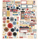 A sheet of patriotic-themed scrapbooking stickers and embellishments featuring red, white, and blue designs, including fans, stars, banners, frames, and decorative elements on a cream background.