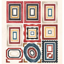 A sheet of assorted decorative picture frames and frame motifs in a vintage illustration style, featuring red, black, gold, blue, and beige colors on a cream background.