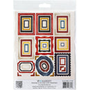 A package of 49 Market die-cut frames sticker sheet, featuring various colorful geometric frame designs on a white backing card with a hanging tab.