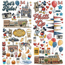 A Disney-themed collage sheet featuring Mickey and Minnie Mouse illustrations, a castle, balloons, stars, flags, desserts, coffee cups, and decorative text including 'Let's Ride!', 'Photo Op', and 'magic'.