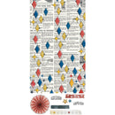 A sheet of decorative scrapbooking paper featuring a vintage newspaper print background with scattered red, yellow, and blue diamond shapes, stars, and small text phrases. Several coordinating paper embellishments are shown below the main sheet, including a red paper fan, a red-and-white polka dot strip, a dark blue strip, and rows of star stickers.