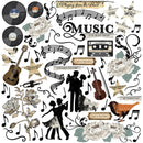 Collection of music-themed decorative elements including vinyl records, musical notes, and dancing figures.