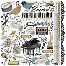 Collection of musical-themed decorative elements including instruments, flowers, and text on a white background.