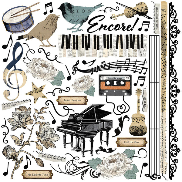 Collection of musical-themed decorative elements including instruments, flowers, and text on a white background.