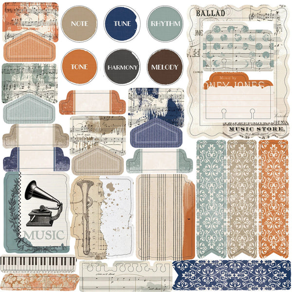 Collection of music-themed decorative elements including labels, patterns, and vintage instruments on a white background.