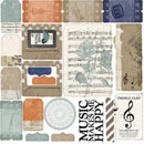 A collage of vintage-style music-themed paper designs and labels, including ticket-like cutouts, sheet music panels, floral botanical elements, musical notes, and text such as 'Music Makes Me Happy' and 'Treble Clef.' The pieces are arranged together on a white background, suggesting a scrapbook or craft paper set.
